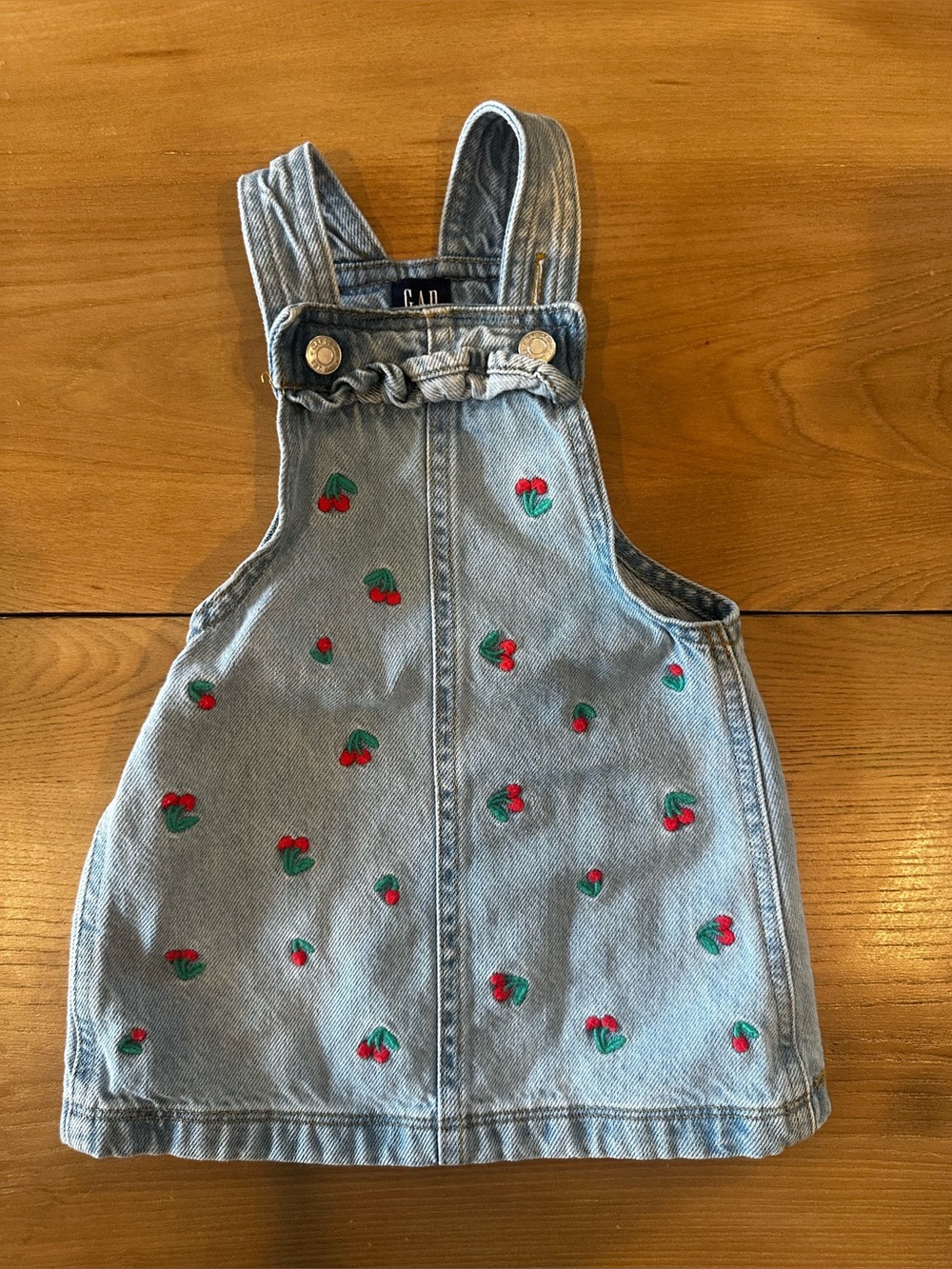 GAP Baby Girls Denim Cherry Embroidered Pinafore Skirtall Dress 6-12 Months